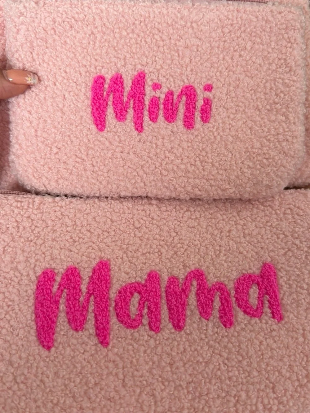 Pink 'Mama' & 'Mini' Sherpa Bib Set - Soft Pink with Hot Pink Embroidery